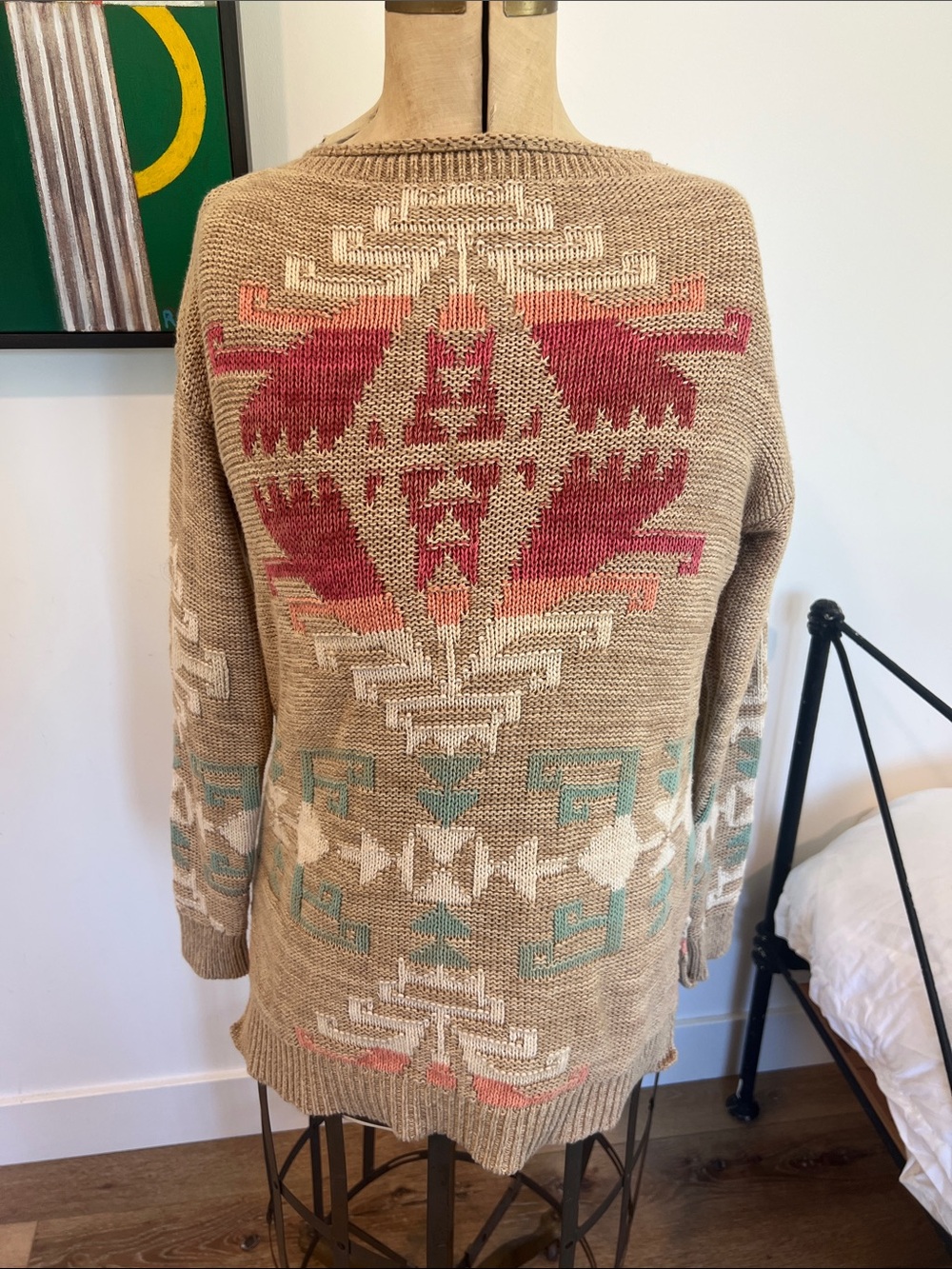 Beige Aztec-Pattern Crewneck Sweater with Pink & cardigan Navajo sz PS